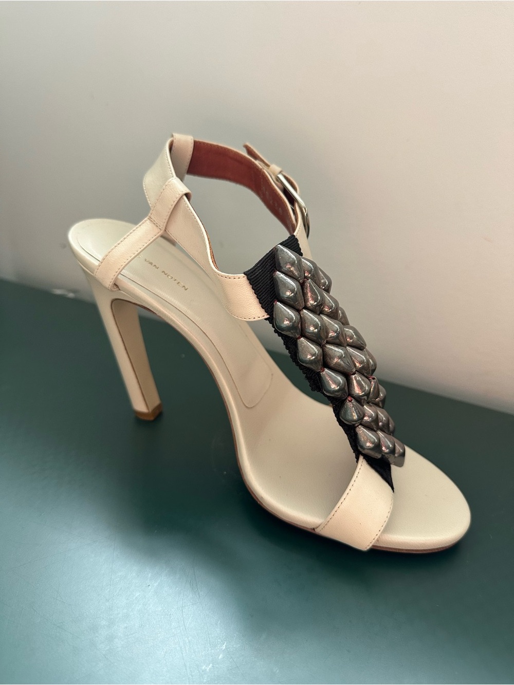 Dries Van Noten Cream Leather High Heel Sandals with Pewter Beads